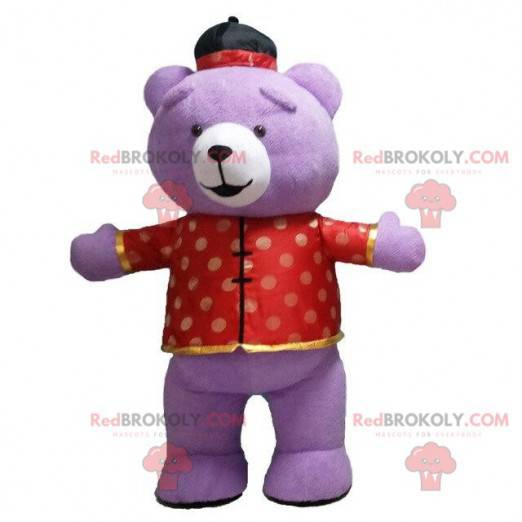 Purple bear mascot in Asian outfit, inflatable costume -