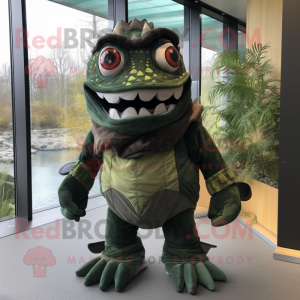 Forest Green Piranha mascot costume character dressed with a Wrap Skirt and Belts