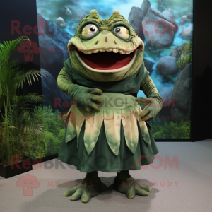 Forest Green Piranha mascot costume character dressed with a Wrap Skirt and Belts