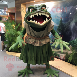 Forest Green Piranha mascot costume character dressed with a Wrap Skirt and Belts