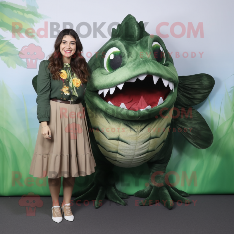 Forest Green Piranha mascot costume character dressed with a Wrap Skirt and Belts Forest Green Piranha mascot costume character dressed with a Wrap Skirt and Belts