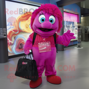 Magenta Cod mascot costume character dressed with a Dress Pants and Tote bags