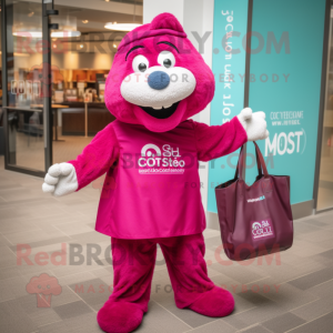 Magenta Cod mascot costume character dressed with a Dress Pants and Tote bags