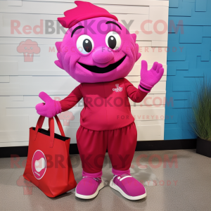 Magenta Cod mascot costume character dressed with a Dress Pants and Tote bags
