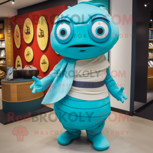 Cyan Gyro mascot costume character dressed with a Wrap Skirt and Clutch bags