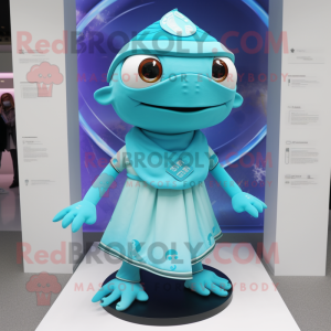 Cyan Gyro mascot costume character dressed with a Wrap Skirt and Clutch bags