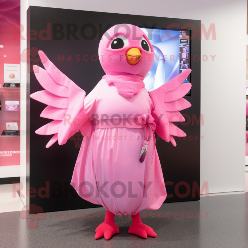 Pink Dove mascot costume character dressed with a Wrap Dress and Hair clips