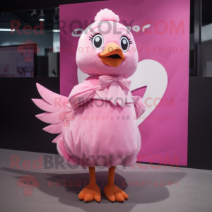 Pink Dove mascot costume character dressed with a Wrap Dress and Hair clips