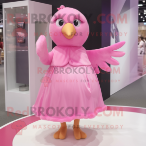 Pink Dove mascot costume character dressed with a Wrap Dress and Hair clips
