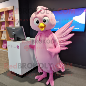 Pink Dove mascot costume character dressed with a Wrap Dress and Hair clips
