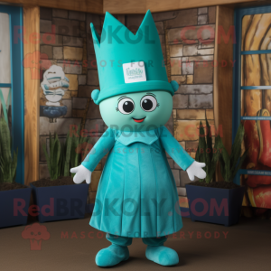 Teal Queen mascot costume character dressed with a Dungarees and Beanies
