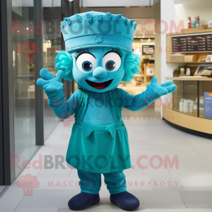 Teal Queen mascot costume character dressed with a Dungarees and Beanies