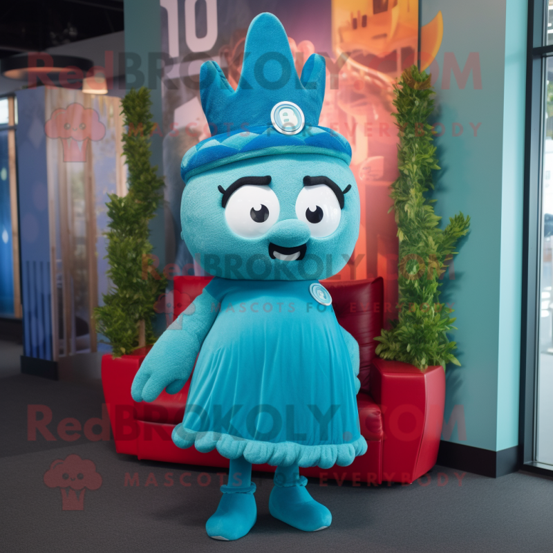 Teal Queen mascot costume character dressed with a Dungarees and Beanies Teal Queen mascot costume character dressed with a Dungarees and Beanies