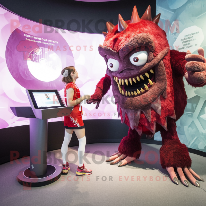 Maroon Demon mascot costume character dressed with a Bikini and Watches Maroon Demon mascot costume character dressed with a Bikini and Watches