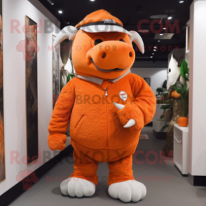 Orange Woolly Rhinoceros mascot costume character dressed with a Capri Pants and Hat pins