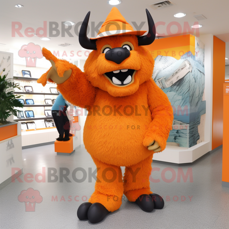 Orange Woolly Rhinoceros mascot costume character dressed with a Capri Pants and Hat pins