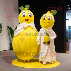 Lemon Yellow Squash mascot costume character dressed with a Wedding Dress and Wraps