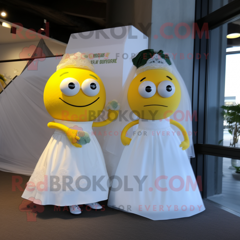 Lemon Yellow Squash mascot costume character dressed with a Wedding Dress and Wraps Lemon Yellow Squash mascot costume character dressed with a Wedding Dress and Wraps