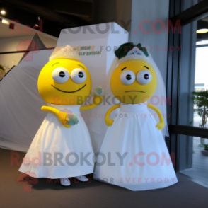 Lemon Yellow Squash mascot costume character dressed with a Wedding Dress and Wraps