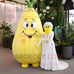 Lemon Yellow Squash mascot costume character dressed with a Wedding Dress and Wraps