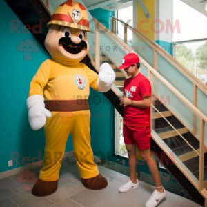 Tan Fire Fighter mascot costume character dressed with a One-Piece Swimsuit and Watches