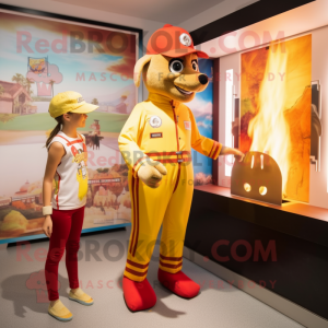 Tan Fire Fighter mascot costume character dressed with a One-Piece Swimsuit and Watches