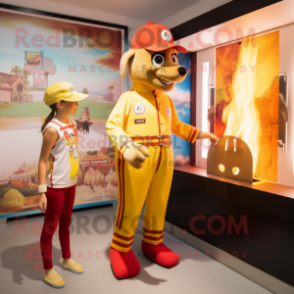 Tan Fire Fighter mascot costume character dressed with a One-Piece Swimsuit and Watches