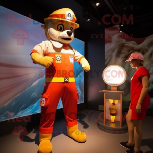 Tan Fire Fighter mascot costume character dressed with a One-Piece Swimsuit and Watches