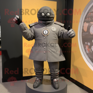 Gray Human Cannon Ball mascot costume character dressed with a Moto Jacket and Lapel pins