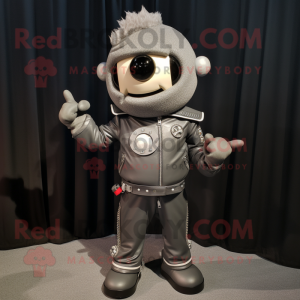 Gray Human Cannon Ball mascot costume character dressed with a Moto Jacket and Lapel pins