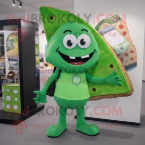Green Pizza Slice mascot costume character dressed with a Dress Pants and Handbags