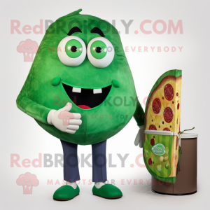 Green Pizza Slice mascot costume character dressed with a Dress Pants and Handbags
