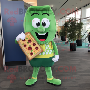 Green Pizza Slice mascot costume character dressed with a Dress Pants and Handbags