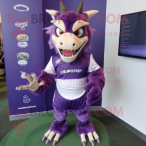 Purple Chupacabra mascot costume character dressed with a Rugby Shirt and Tie pins