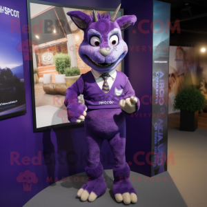 Purple Chupacabra mascot costume character dressed with a Rugby Shirt and Tie pins