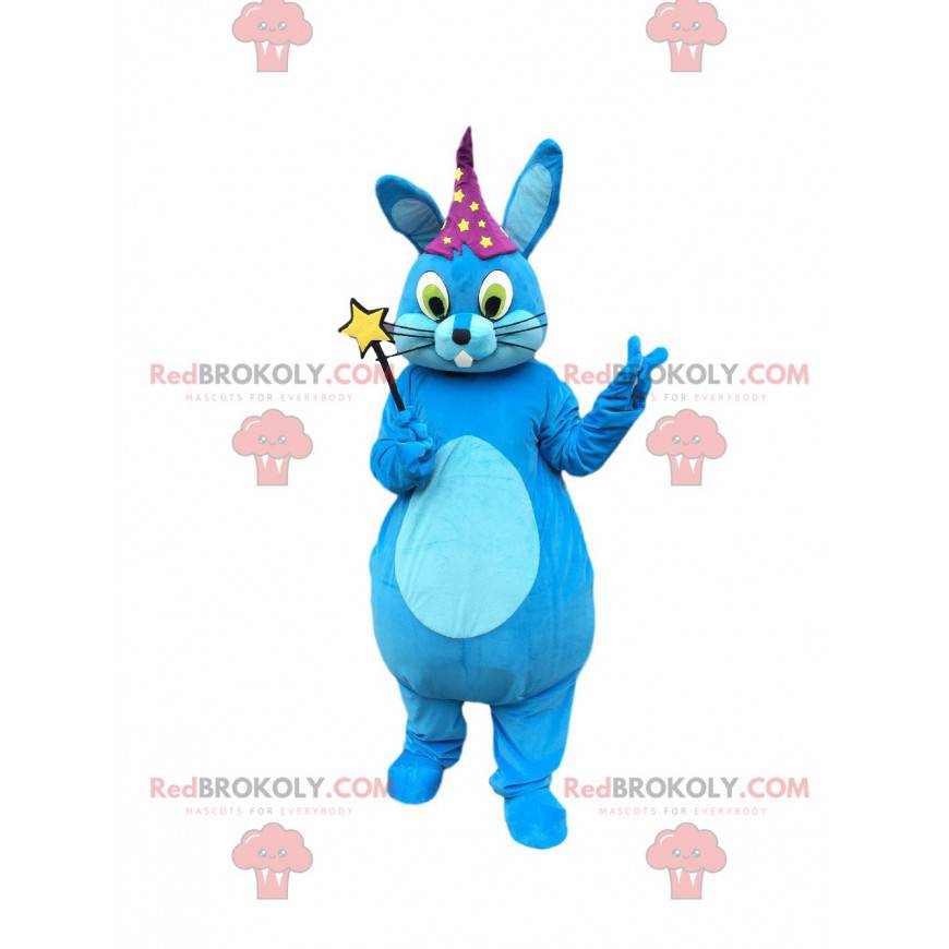Blauw konijn mascotte met toverstaf, tovenaar kostuum -