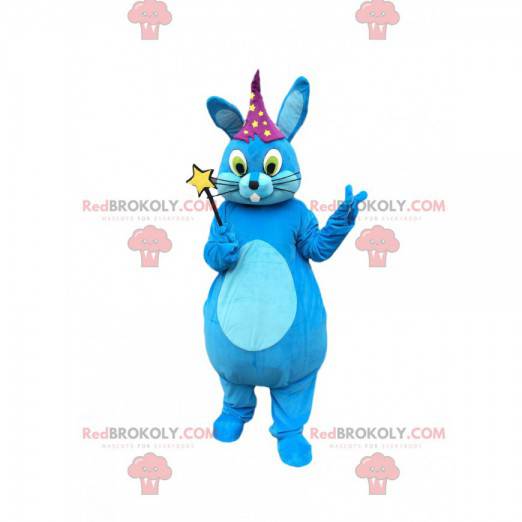 Blue rabbit mascot with magic wand, magician costume -