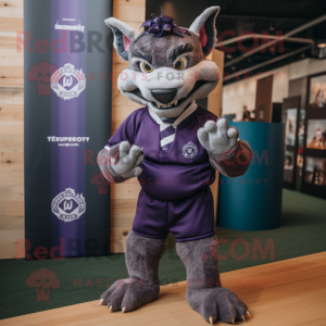 Purple Chupacabra mascot costume character dressed with a Rugby Shirt and Tie pins
