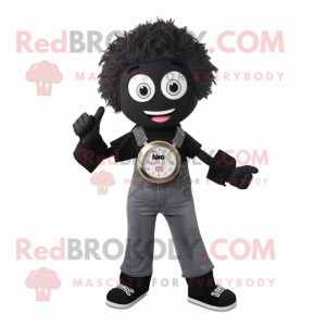 Black Miso Soup mascot costume character dressed with a Mom Jeans and Digital watches