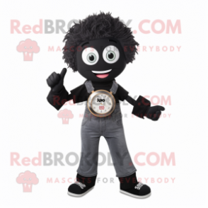 Black Miso Soup mascot costume character dressed with a Mom Jeans and Digital watches