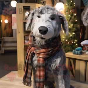 Gray Dog mascot costume character dressed with a Flannel Shirt and Scarves