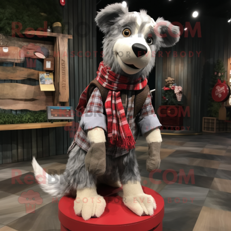 Gray Dog mascot costume character dressed with a Flannel Shirt and Scarves