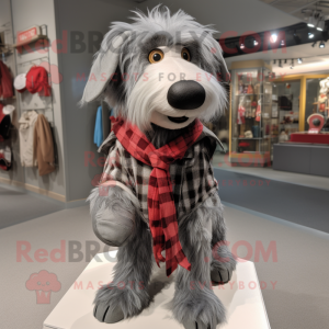 Gray Dog mascot costume character dressed with a Flannel Shirt and Scarves