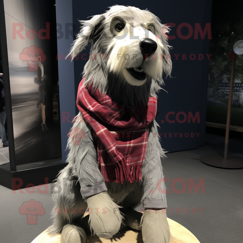 Gray Dog mascot costume character dressed with a Flannel Shirt and Scarves