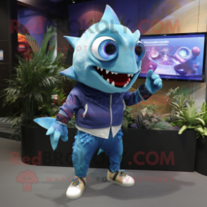 Blue Piranha mascot costume character dressed with a Jeggings and Digital watches