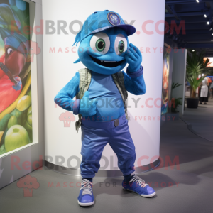 Blue Piranha mascot costume character dressed with a Jeggings and Digital watches