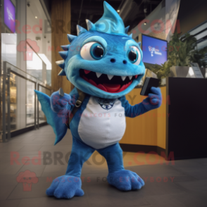 Blue Piranha mascot costume character dressed with a Jeggings and Digital watches