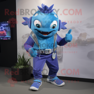 Blue Piranha mascot costume character dressed with a Jeggings and Digital watches