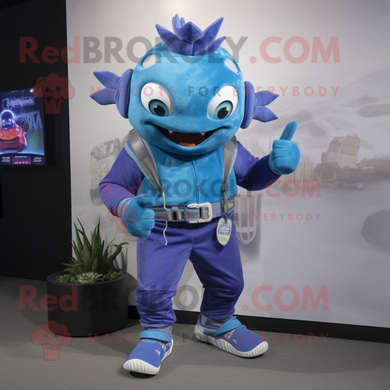 Blue Piranha mascot costume character dressed with a Jeggings and Digital watches Blue Piranha mascot costume character dressed with a Jeggings and Digital watches