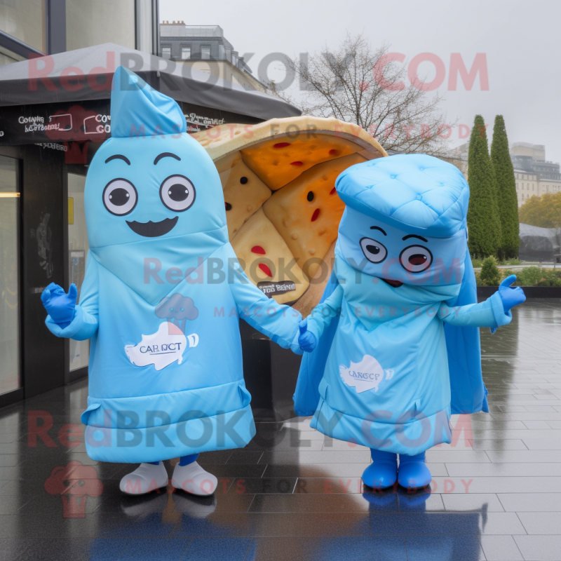 Sky Blue Croissant mascot costume character dressed with a Raincoat and Pocket squares